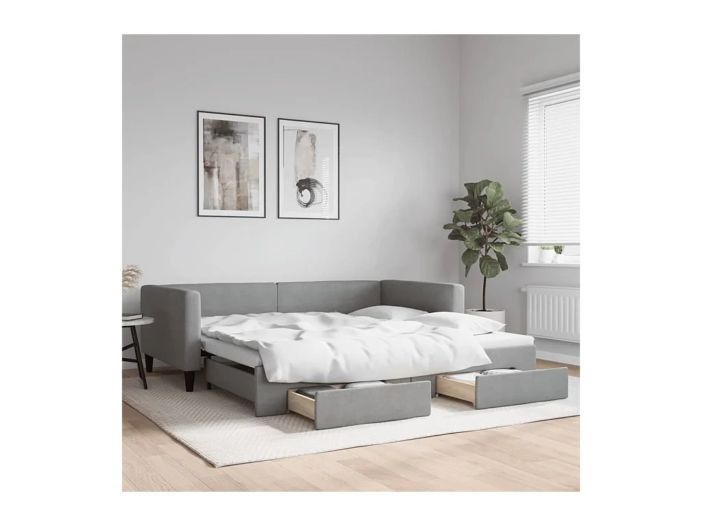 Slaapbank onderschuifbed en lades 100x200 cm stof lichtgrijs