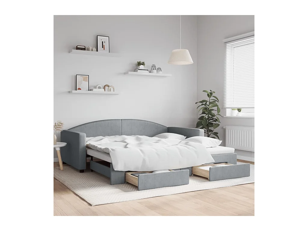Slaapbank onderschuifbed en lades 100x200 cm stof lichtgrijs