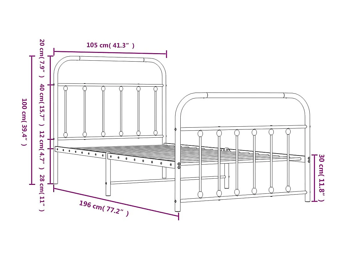 Estrutura de cama com cabeceira e pés 100x190 cm metal branco