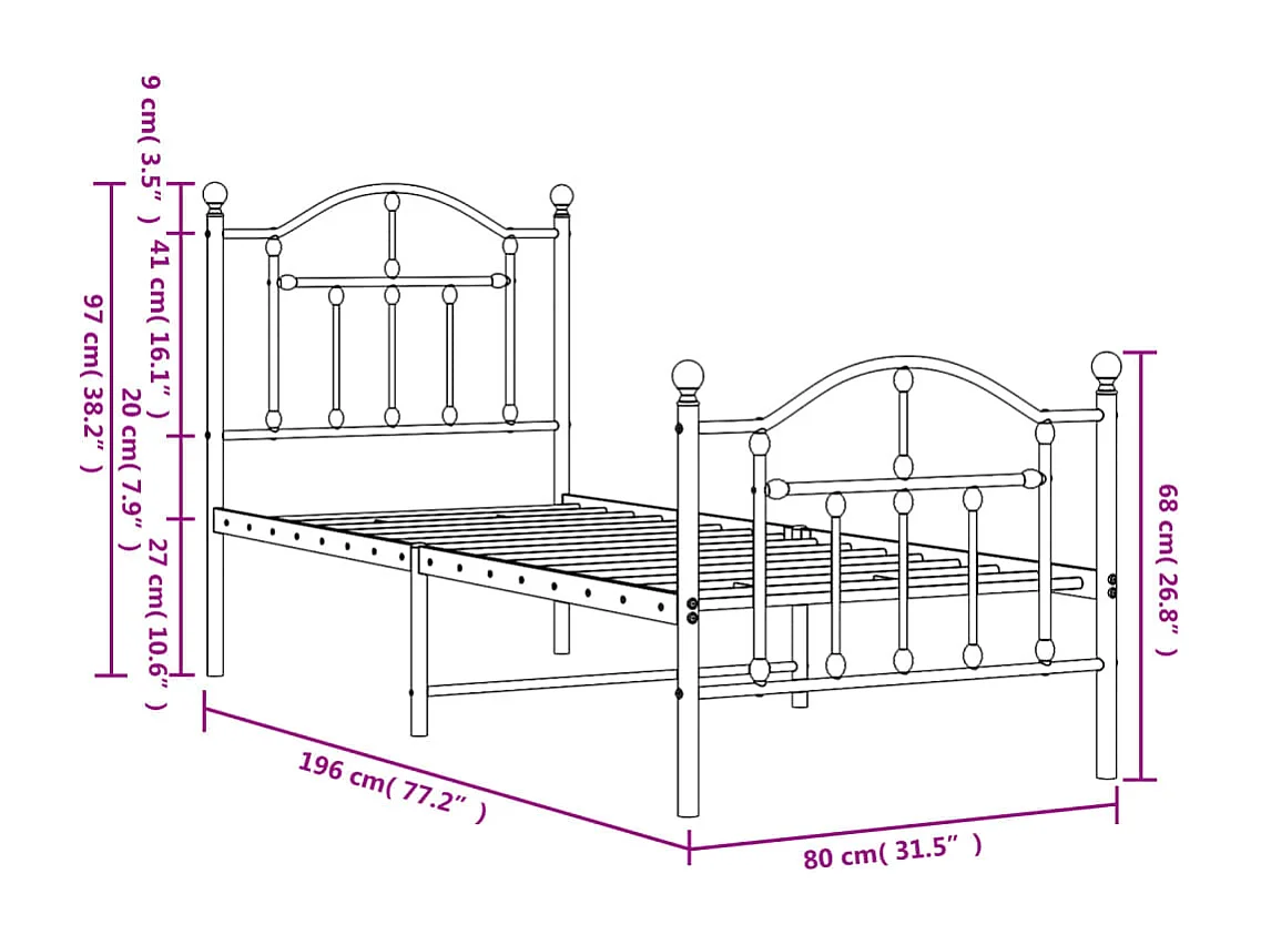 Estructura cama metal con cabecero y pie cama blanca 75x190 cm