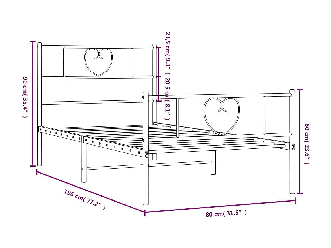 Estructura de cama con cabecero y estribo metal negro 75x190 cm