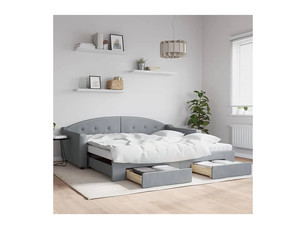 Slaapbank onderschuifbed en lades 100x200 cm stof lichtgrijs