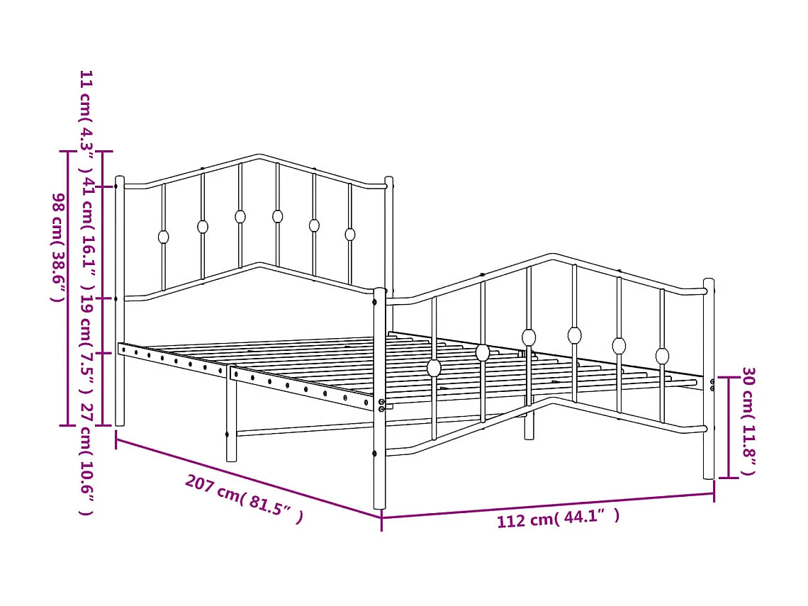 Estrutura de cama com cabeceira e pés 107x203 cm metal branco