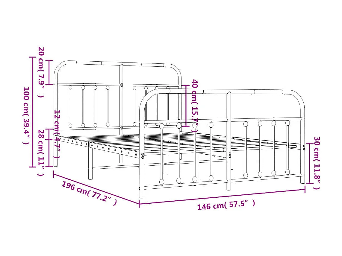 Estrutura de cama com cabeceira e pés 140x190 cm metal branco