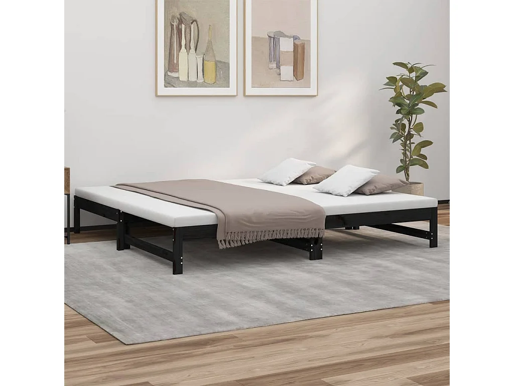 Lit coulissant Noir 2x(100x200) cm Bois de pin massif