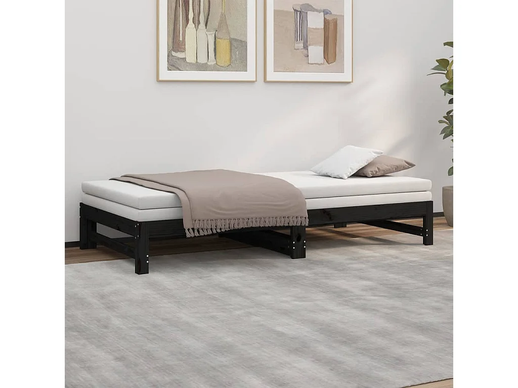 Lit coulissant Noir 2x(100x200) cm Bois de pin massif