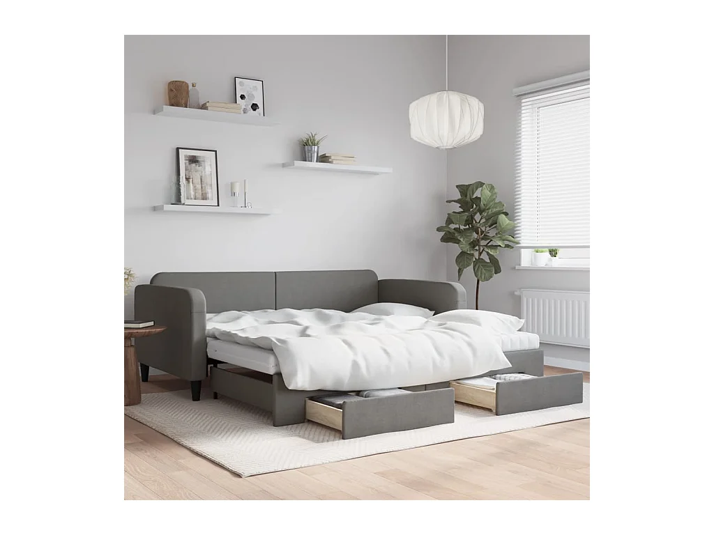 Slaapbank onderschuifbed en lades 100x200 cm stof donkergrijs