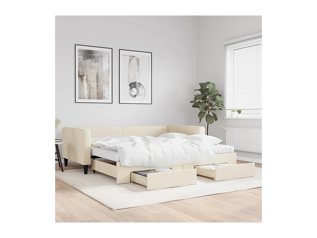 Lit de jour avec gigogne et tiroirs crème 100x200 cm tissu