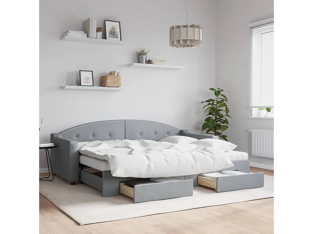 Lit de jour avec gigogne et tiroirs gris clair 80x200 cm tissu