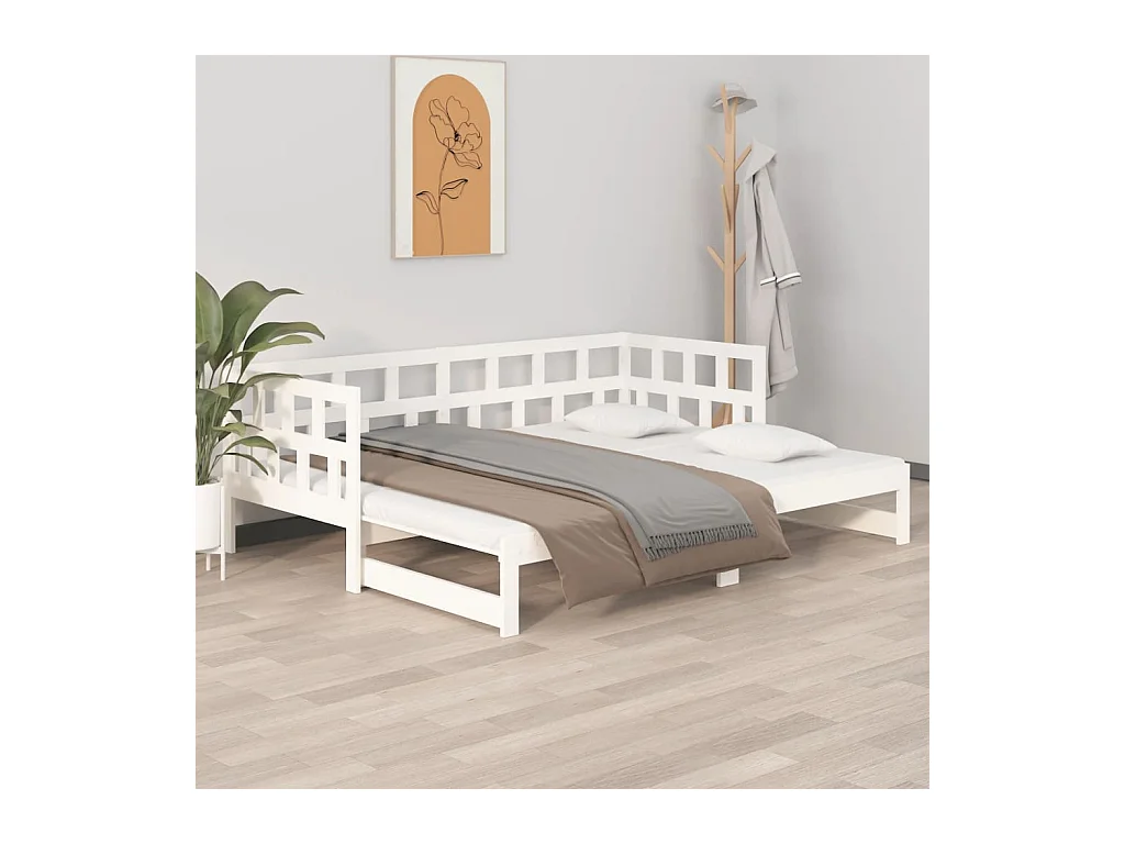 Lit coulissant Blanc Bois de pin solide 2x(90x200) cm