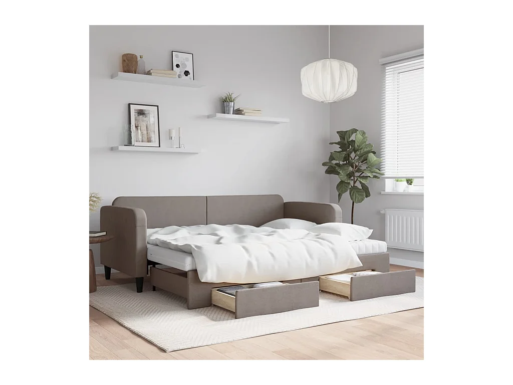 Lit de jour avec gigogne et tiroirs taupe 80x200 cm tissu