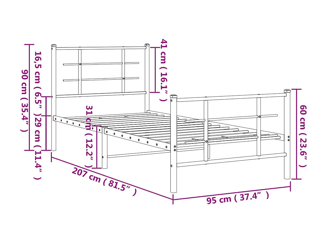 Estrutura de cama com cabeceira e pés 90x200 cm metal branco