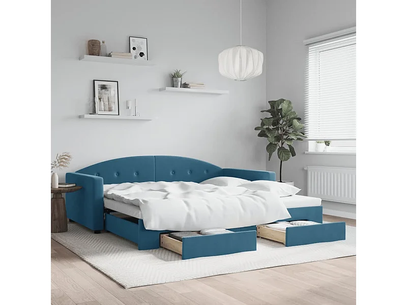 Sofá-cama com gavetão e gavetas 100x200 cm veludo azul