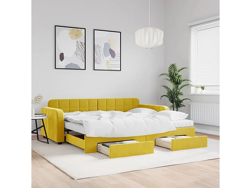 Lit de jour avec gigogne et tiroirs jaune 90x200 cm velours