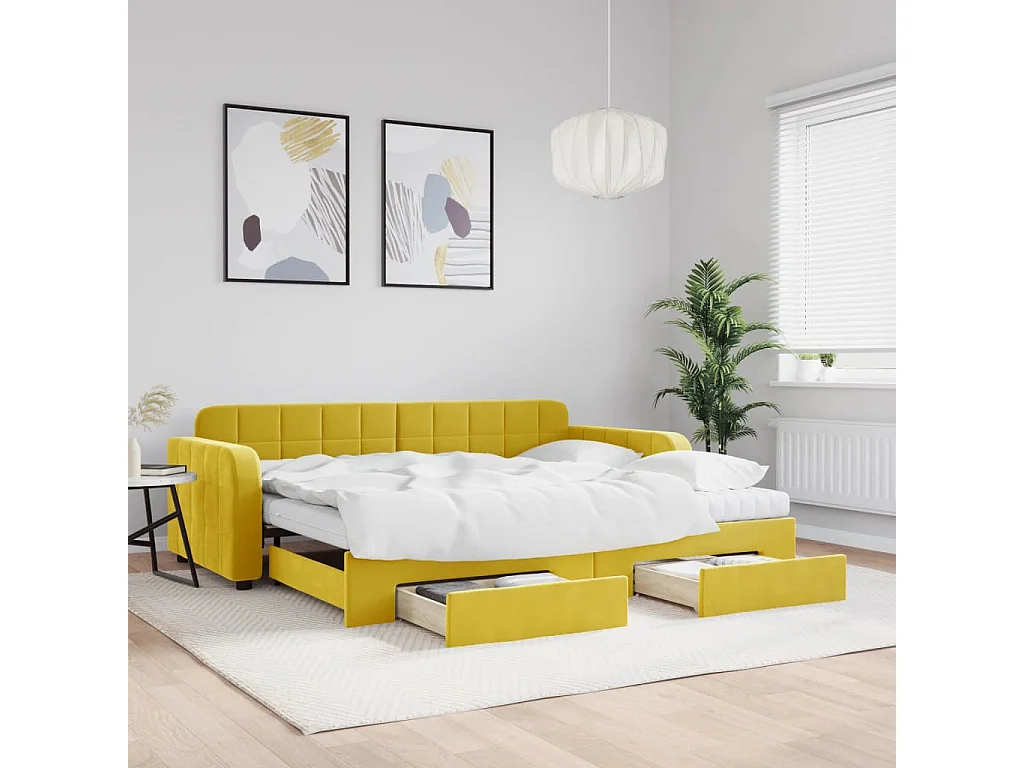 Lit de jour avec gigogne et tiroirs jaune 90x200 cm velours