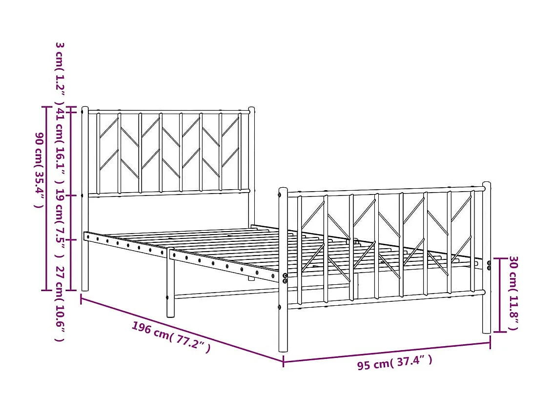 Estructura de cama con cabecero y estribo metal negro 90x190 cm