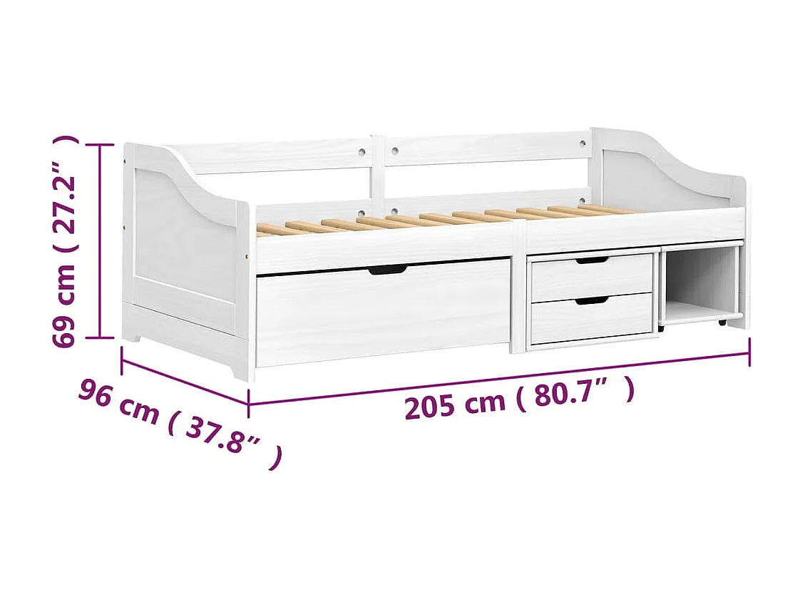 Slaapbank met 3 lades IRUN 90x200 cm massief grenenhout wit