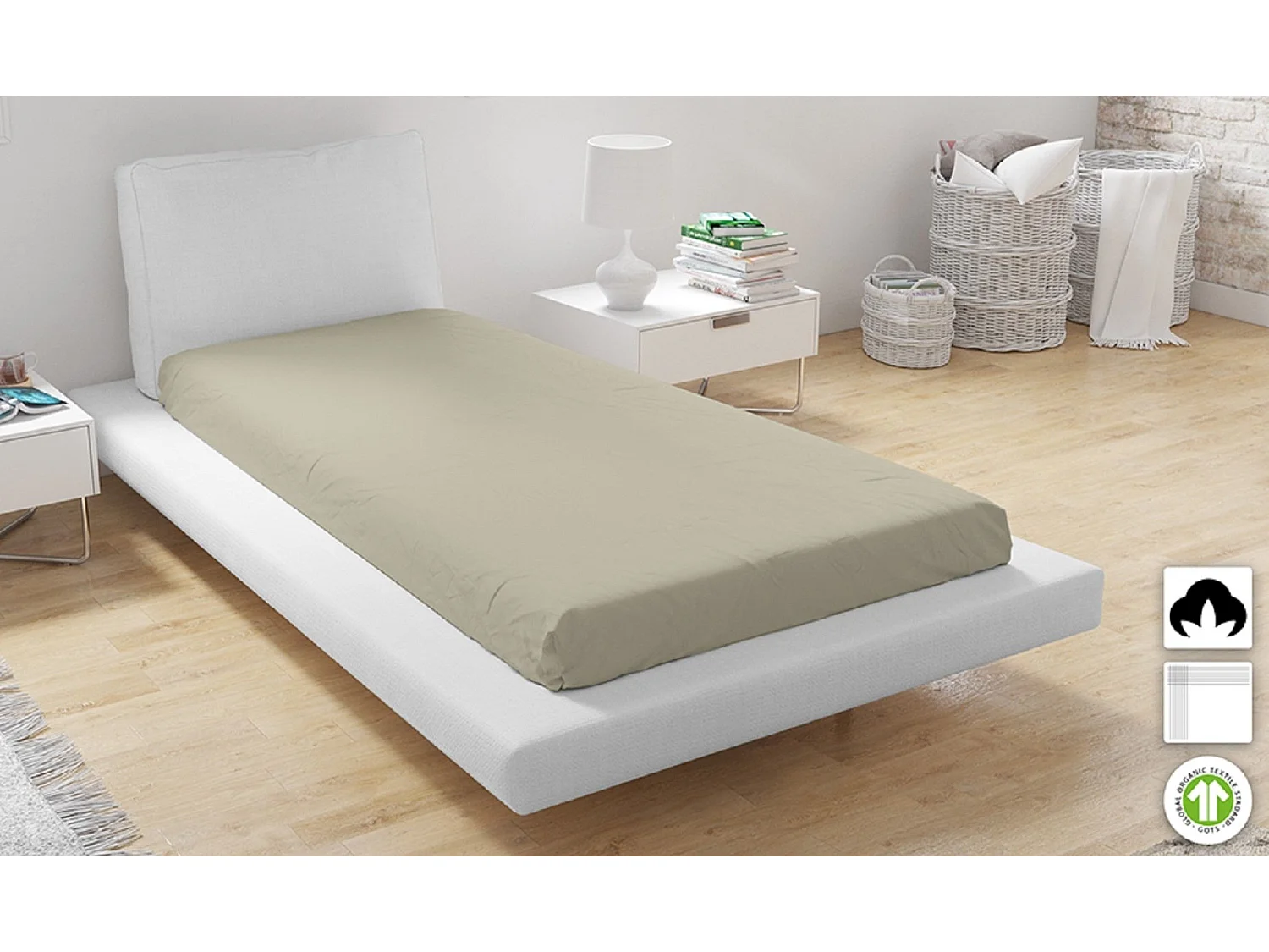 Drap housse 100% Coton Bio 57 fils Taille 160 x 200 cm Couleur Beige