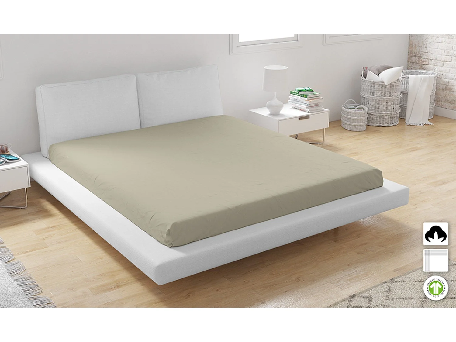 Drap housse 100% Coton Bio 57 fils Taille 160 x 200 cm Couleur Beige