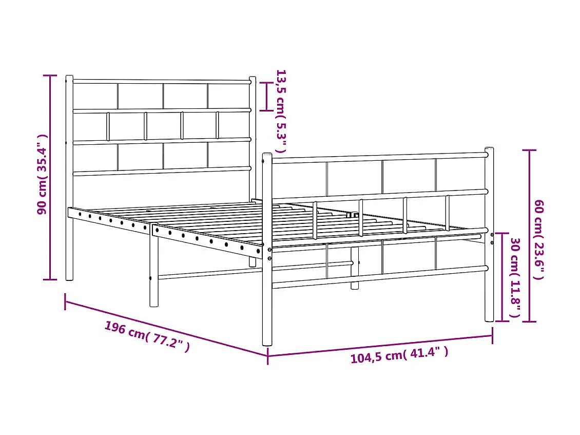 Estrutura de cama com cabeceira e pés 100x190 cm metal branco