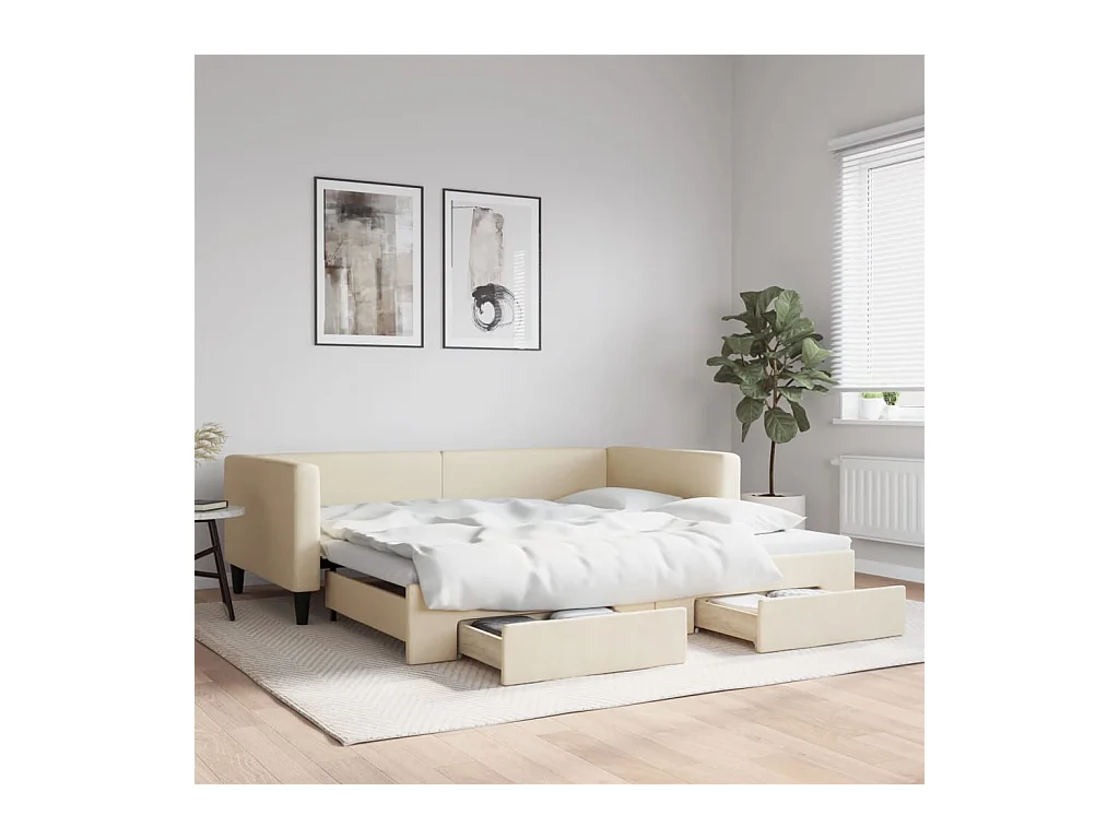 Lit de jour avec gigogne et tiroirs crème 100x200 cm tissu