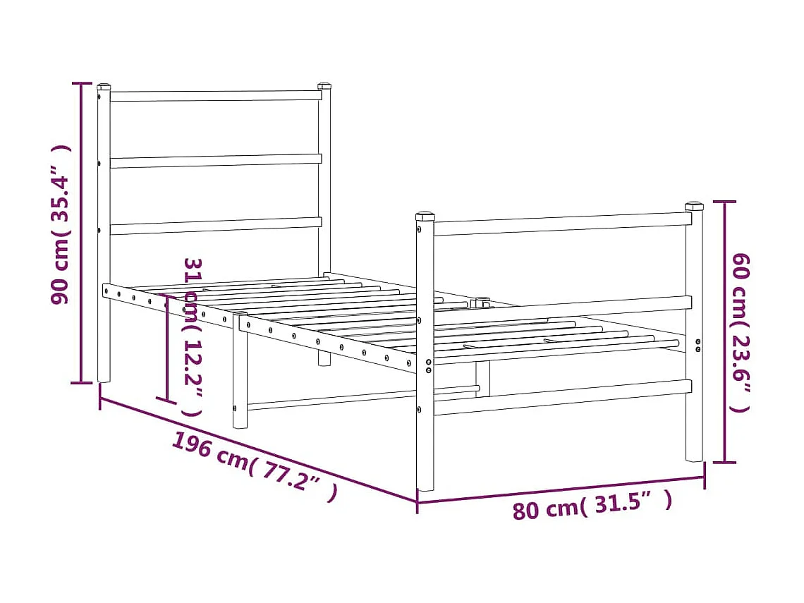 Estrutura de cama com cabeceira e pés 75x190 cm metal branco