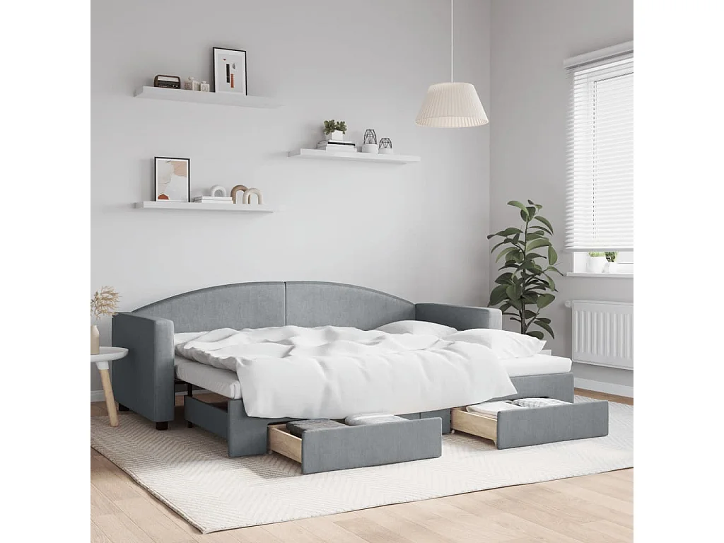 Lit de jour avec gigogne et tiroirs gris clair 80x200 cm tissu