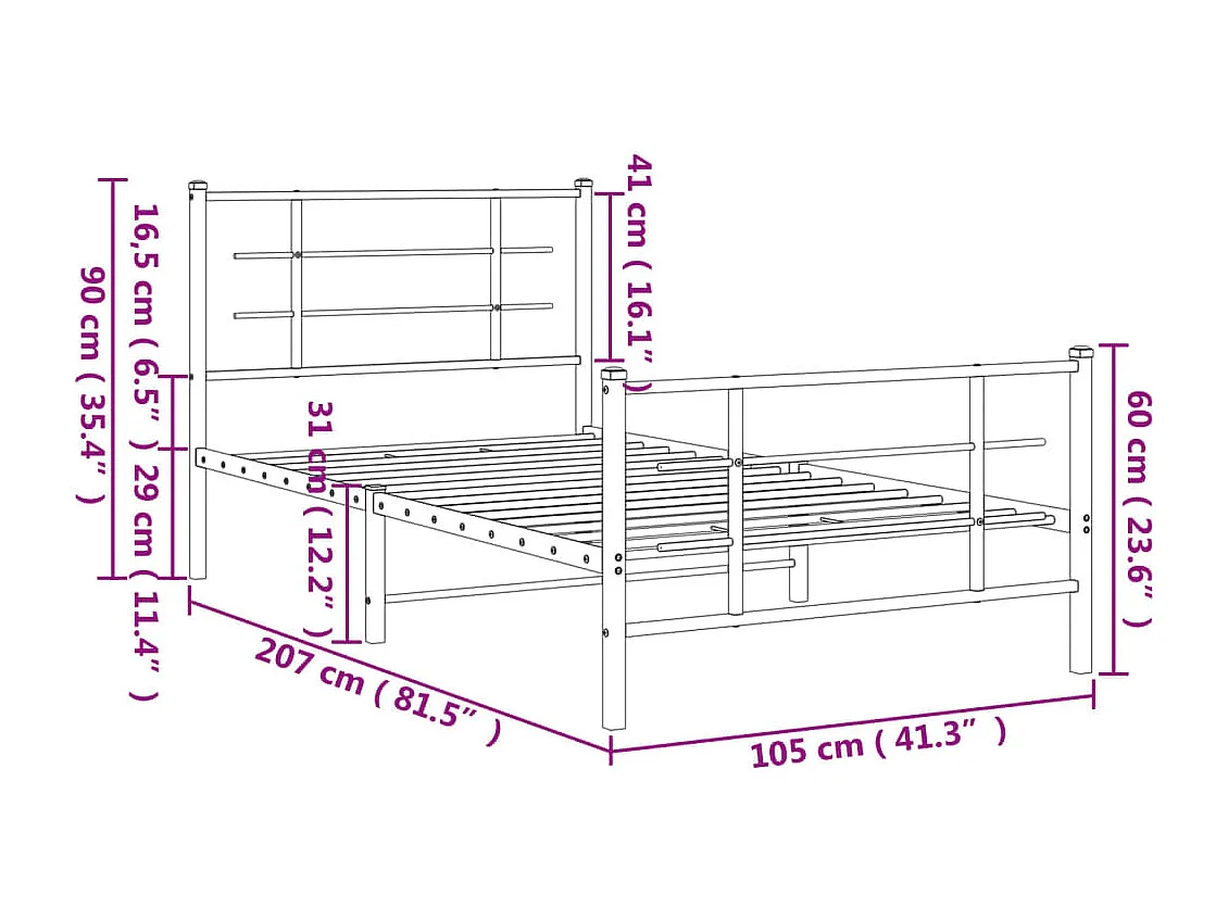 Estrutura de cama com cabeceira e pés 100x200 cm metal preto