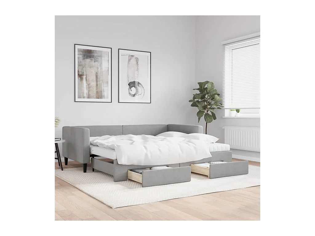 Lit de jour avec gigogne et tiroirs gris clair 90x200 cm tissu