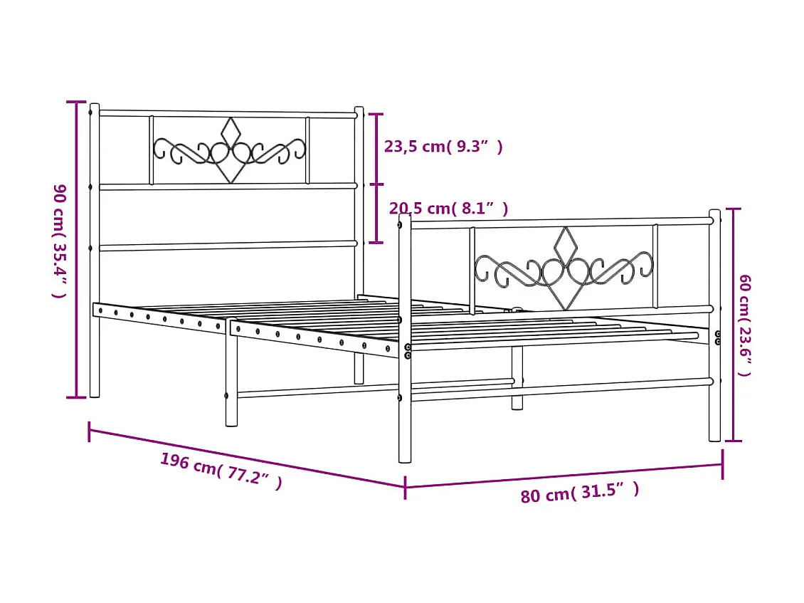 Estrutura de cama com cabeceira e pés 75x190 cm metal preto