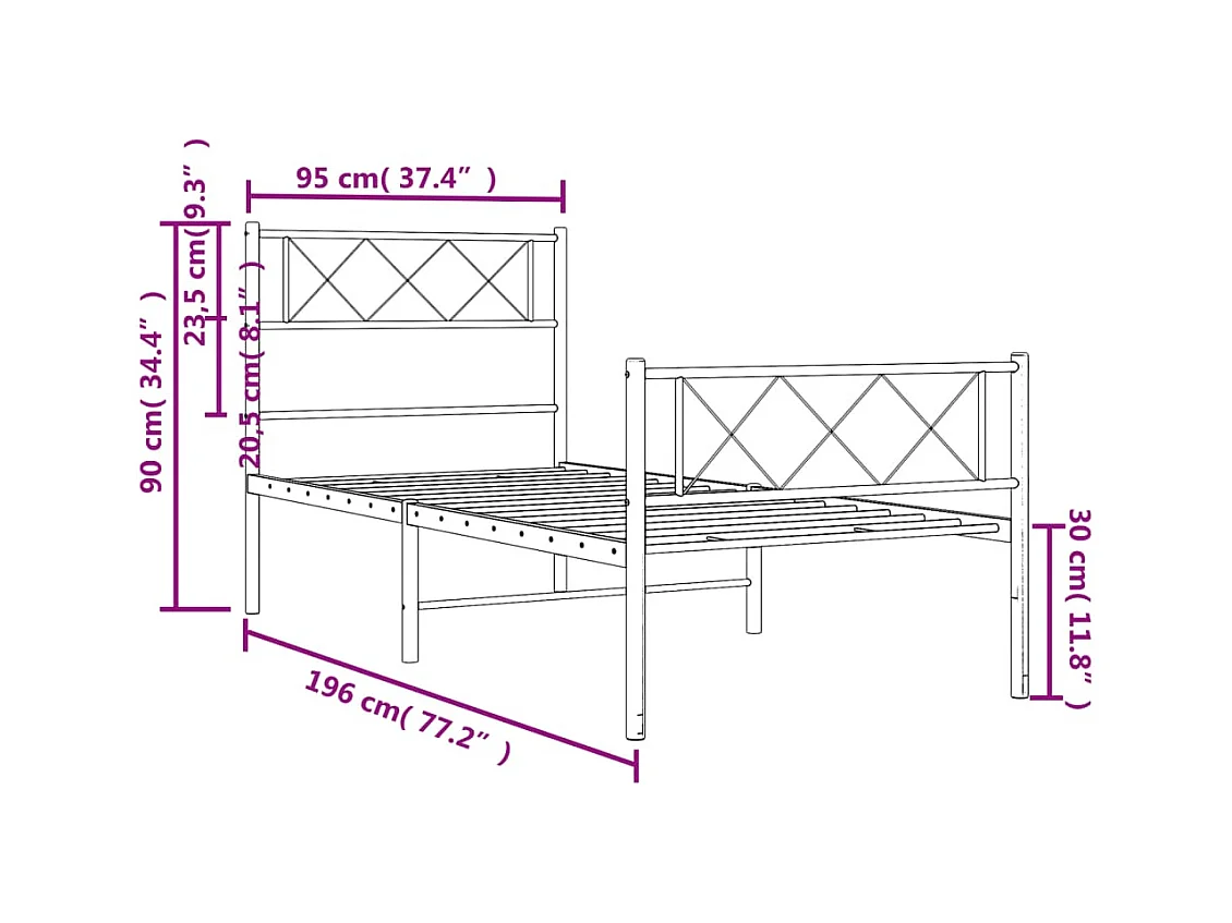 Estructura de cama con cabecero y estribo metal negro 90x190 cm