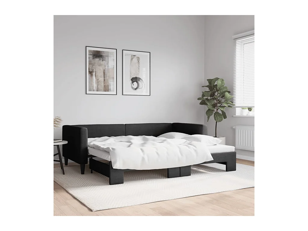 Lit de jour avec lit gigogne noir 90x200 cm tissu