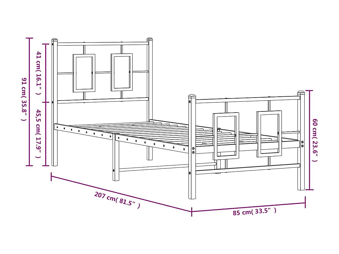 Estrutura de cama com cabeceira e pés 80x200 cm metal preto