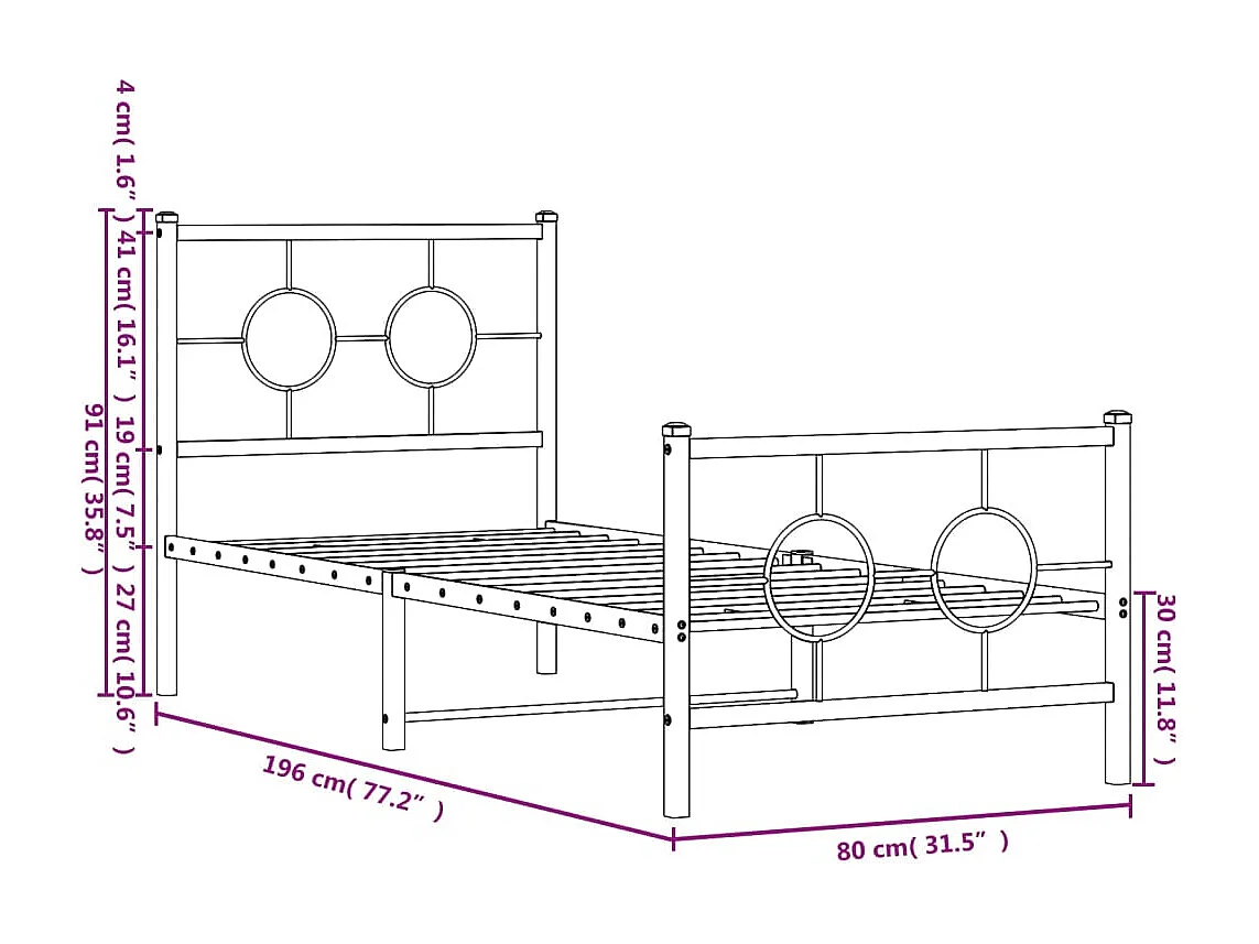 Estrutura de cama com cabeceira e pés 75x190 cm metal preto