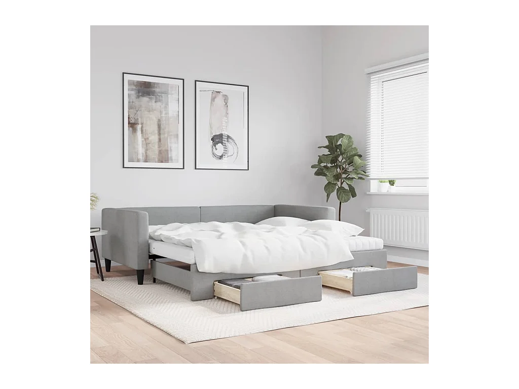 Slaapbank onderschuifbed en lades 100x200 cm stof lichtgrijs