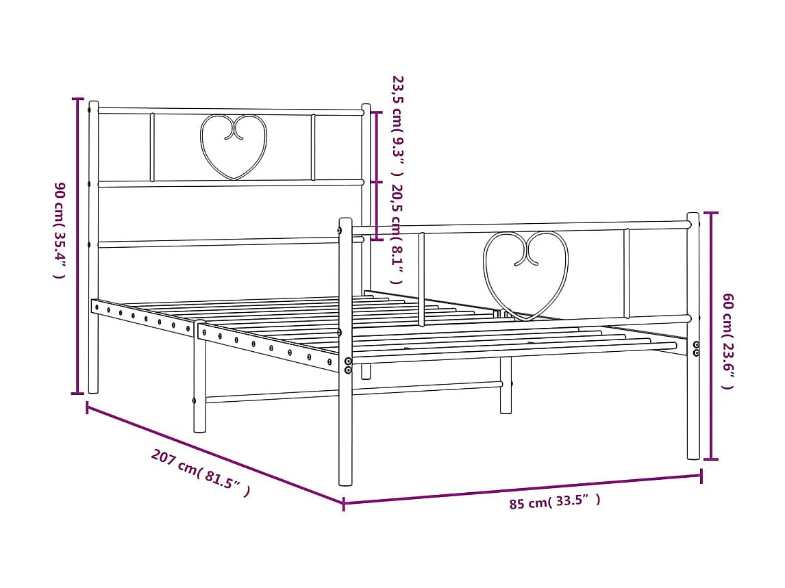 Estructura de cama con cabecero y estribo metal negro 80x200 cm