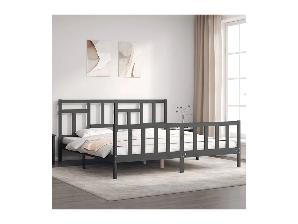 Bedframe met hoofdbord massief hout grijs 200x200 cm