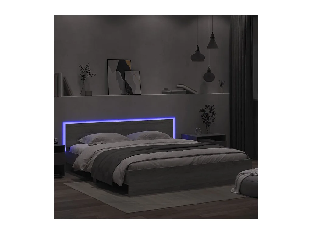 Estructura de cama cabecero y luces LED gris Sonoma 200x200 cm