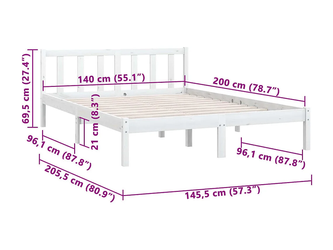 Estrutura de cama 140x200 cm pinho maciço branco