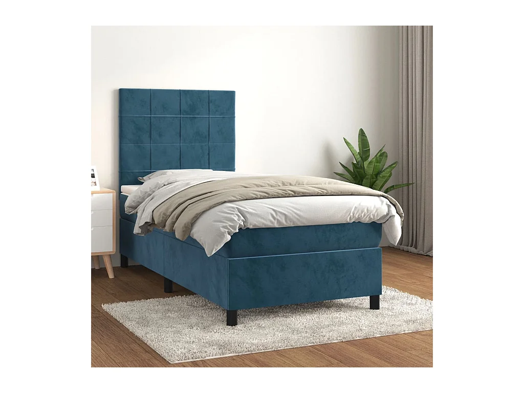 Cama box spring con colchón terciopelo azul oscuro 80x200 cm