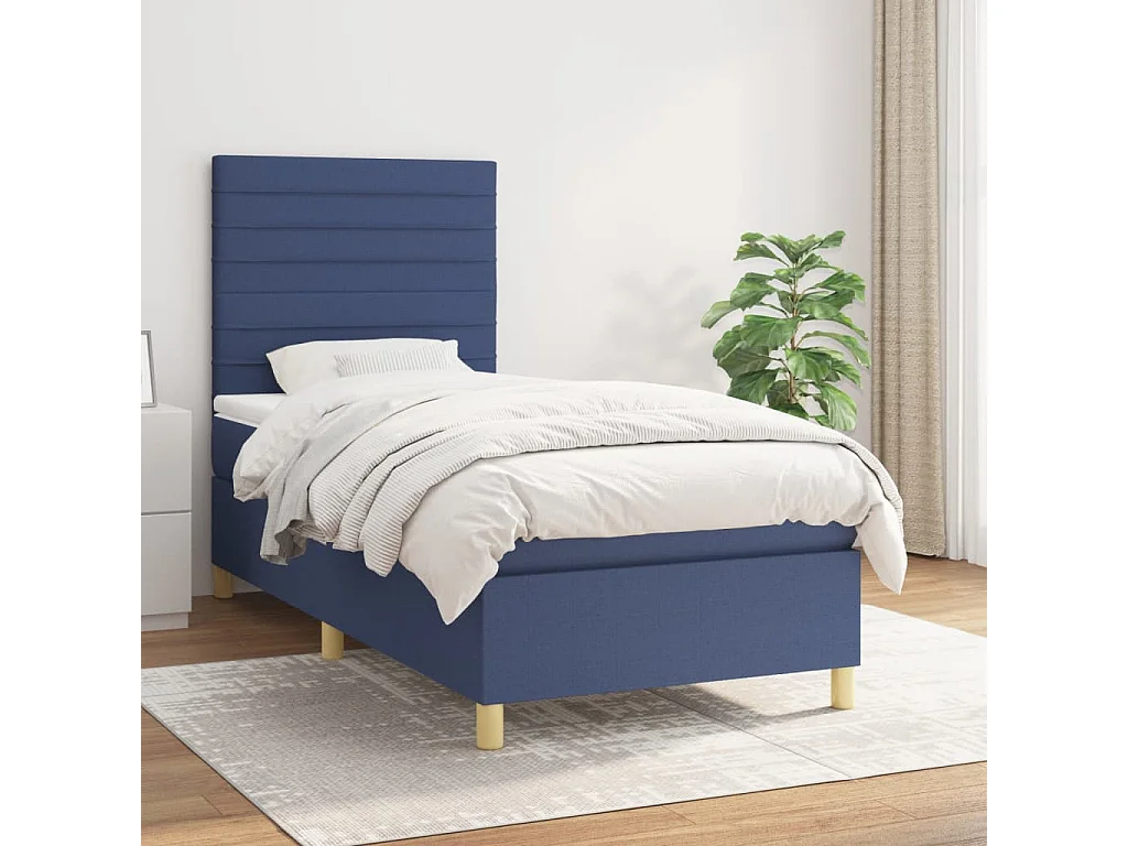 Cama box spring con colchón tela azul 90x200 cm