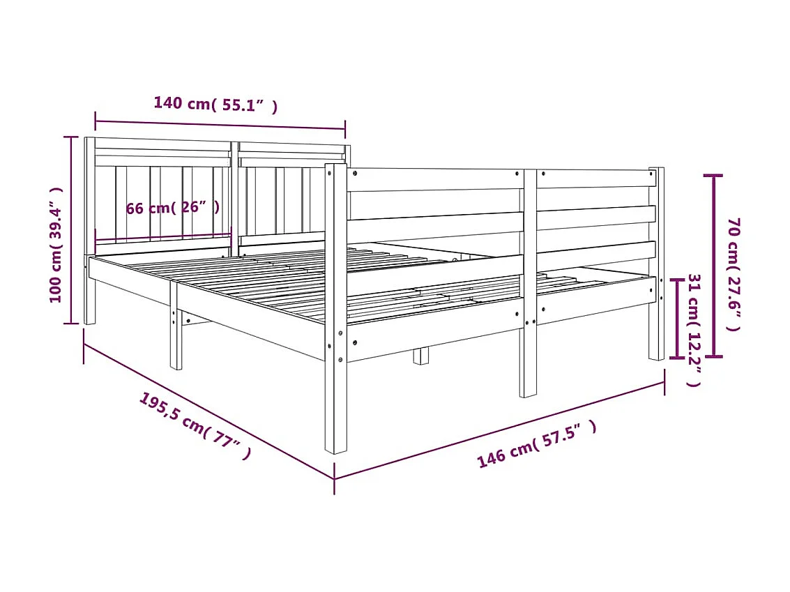 Estrutura de cama 140x190 cm madeira maciça branco