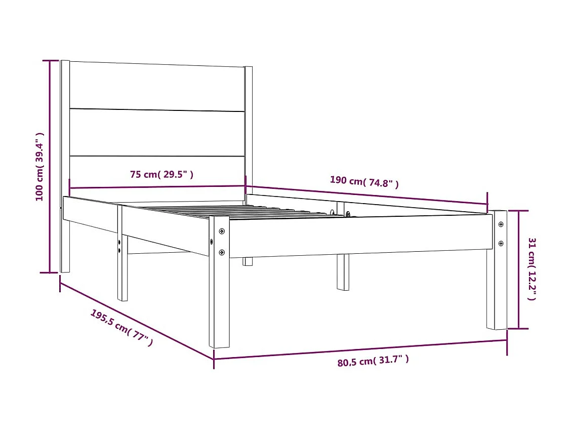 Cadre de lit Bois massif 75x190 cm Petit simple