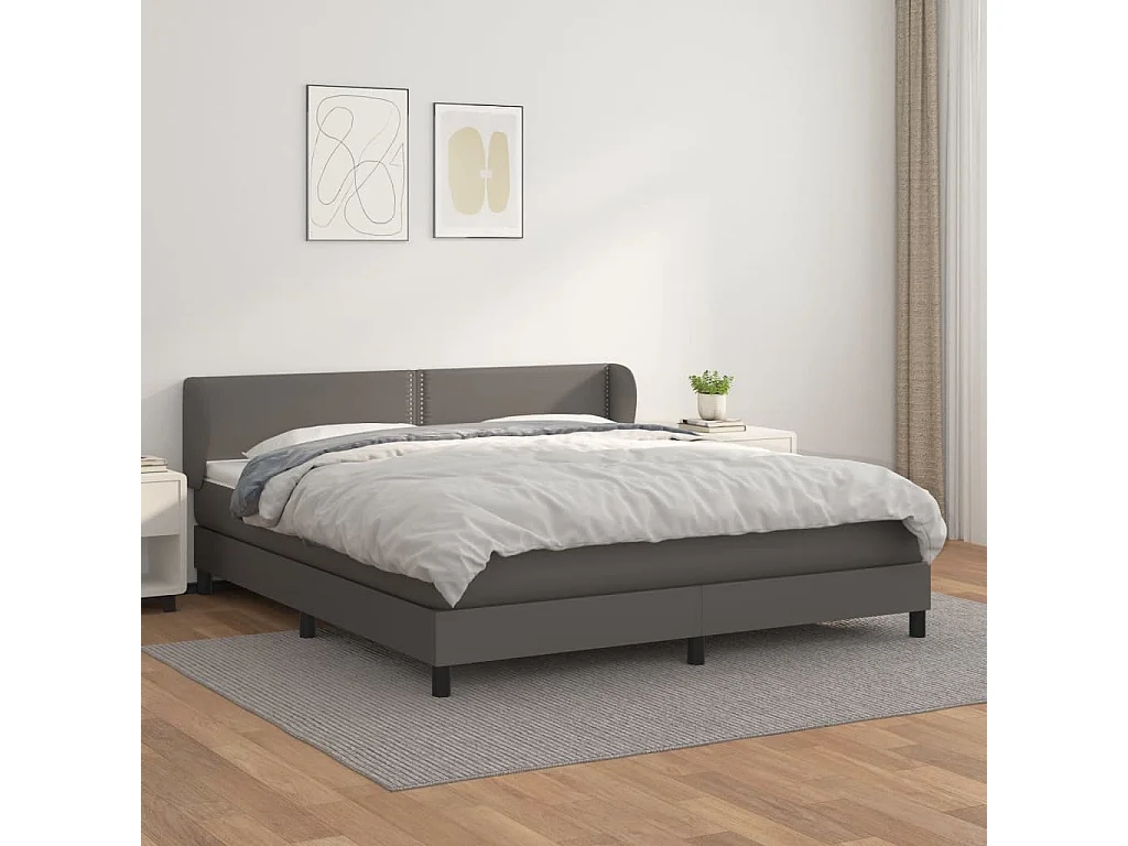 Cama box spring con colchón cuero sintético gris 160x200 cm