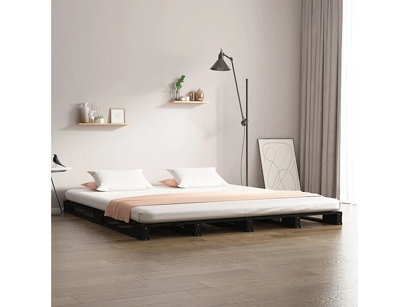 Cama de palets de madera maciza de pino negra 140x190 cm