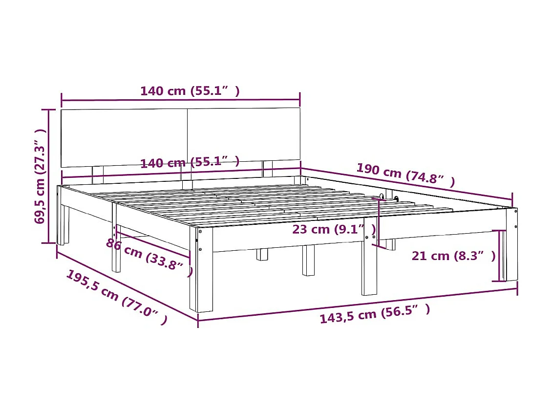 Estructura de cama de madera maciza de pino 140x190 cm