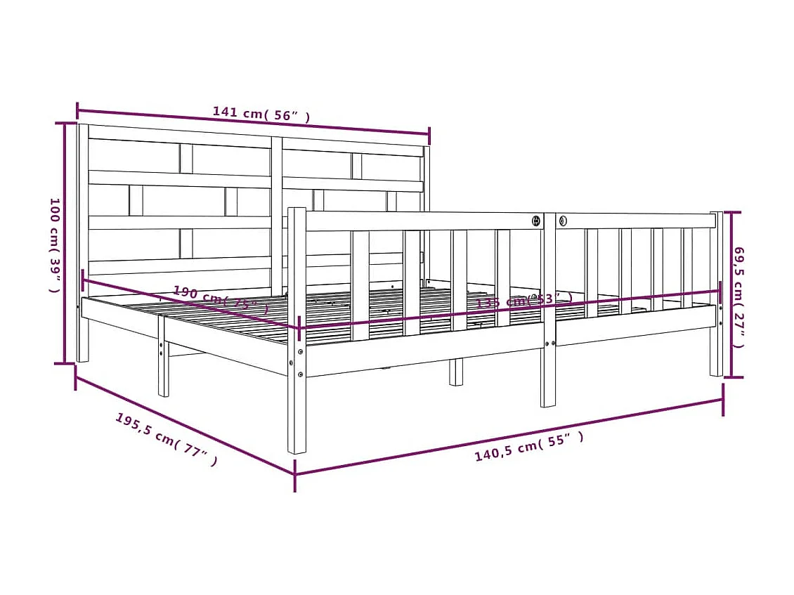 Cadre de lit Noir Bois de pin massif 135x190 cm Double