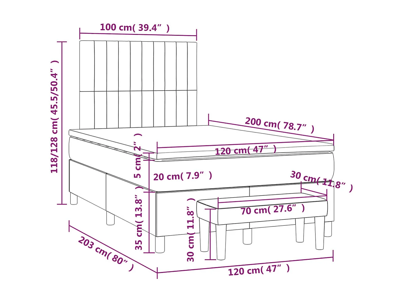 Cama box spring con colchón tela marrón oscuro 120x200 cm