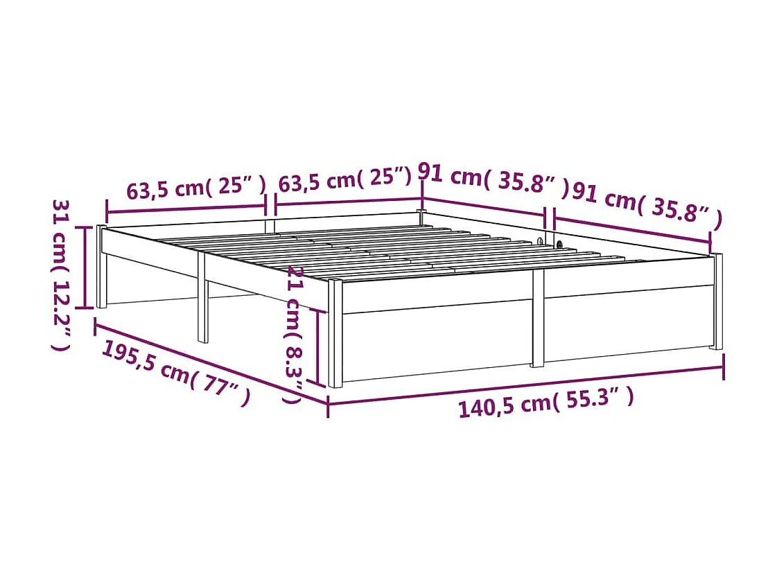 Cadre de lit Blanc Bois massif 135x190 cm Double
