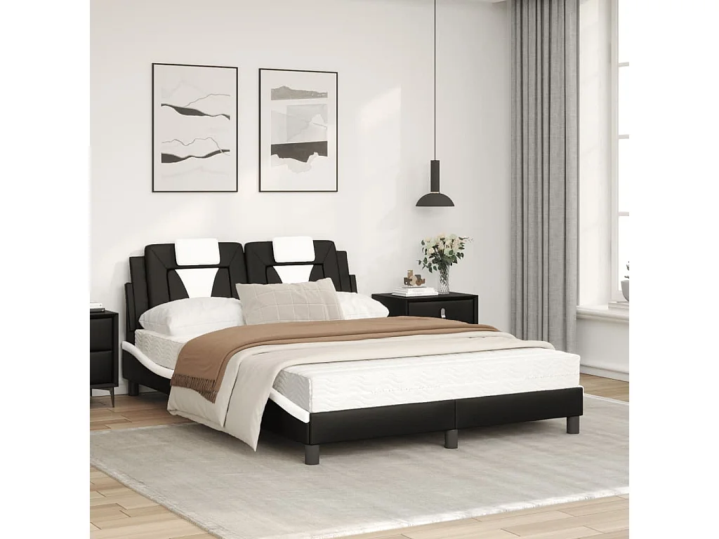 Cama com colchão 120x200 cm couro artificial preto e branco